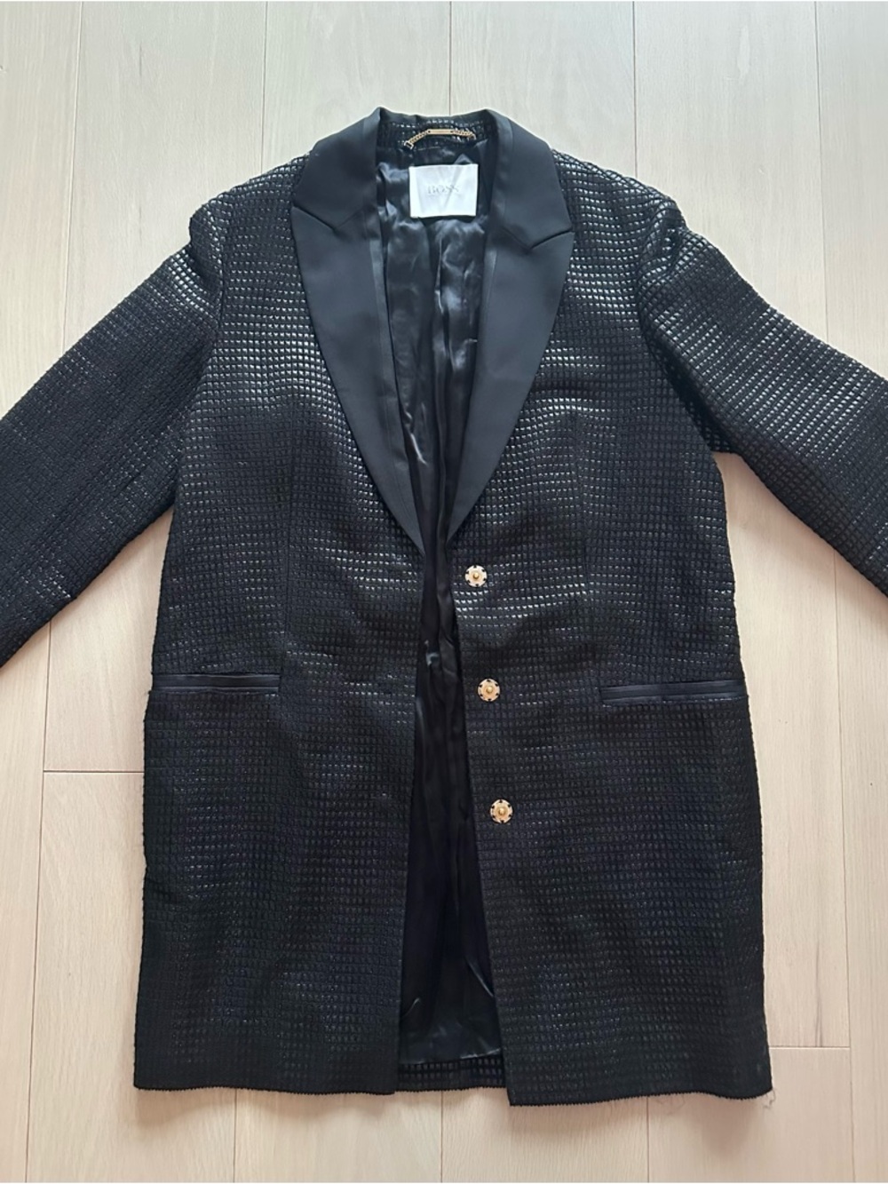 Hugo Boss Black Textured Long Pea Coat with Satin Lapel